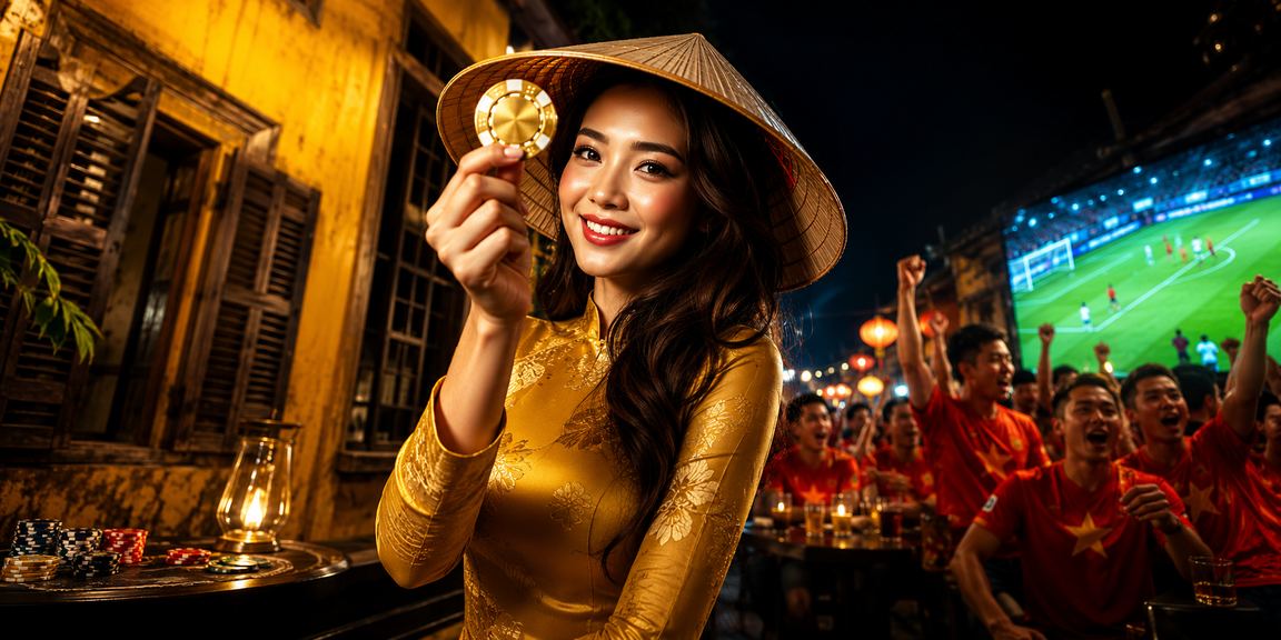 Người phụ nữ mặc áo dài đội nón lá tại Hội An đang xem thông tin cá cược trên điện thoại