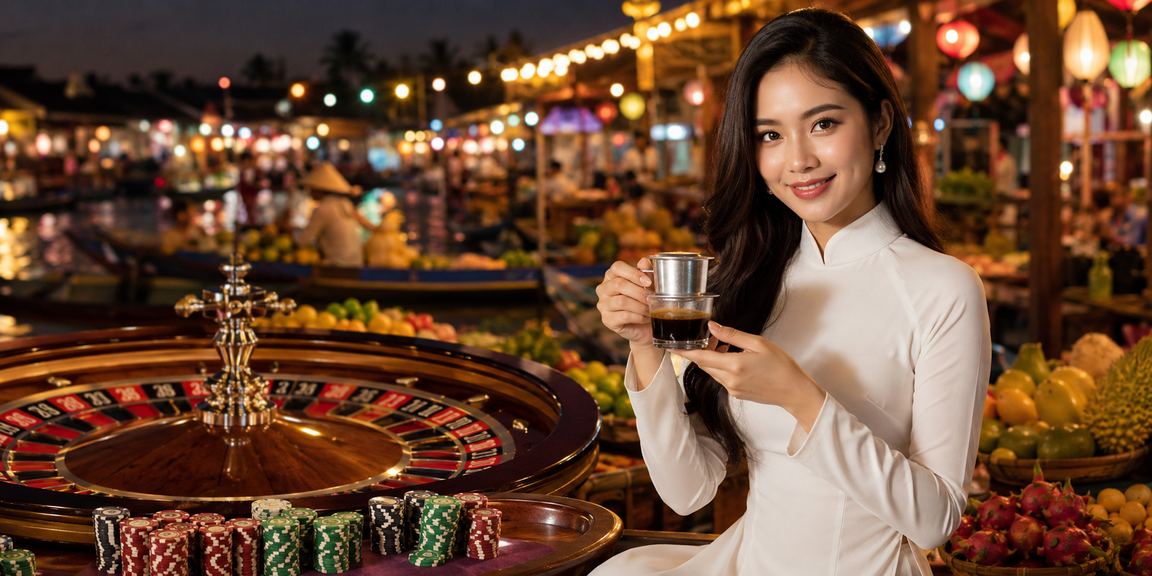 Người phụ nữ mặc áo dài bên sông Mekong trải nghiệm trò chơi roulette trực tuyến trên điện thoại